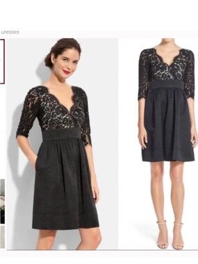 Eliza J Black Lace Elbow-Sleeve Fit & Flare Midi Dress